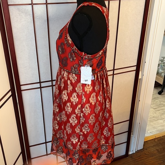 Free People NWT Red Combo Lined Dress size 6 with metallic thread embellished - Picture 4 of 7
